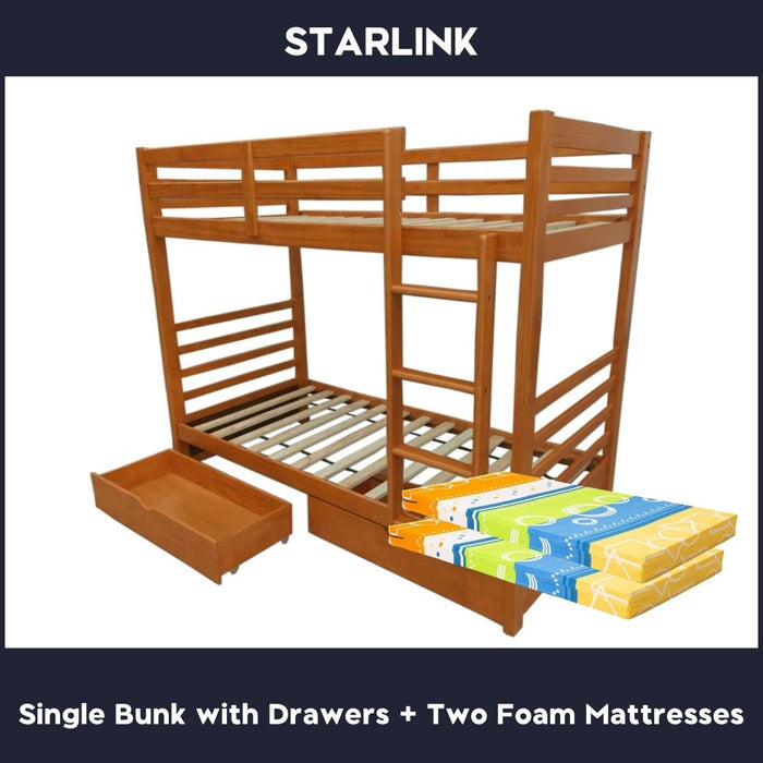 Starlink Solid Wood Bunk Bed with Drawers Single